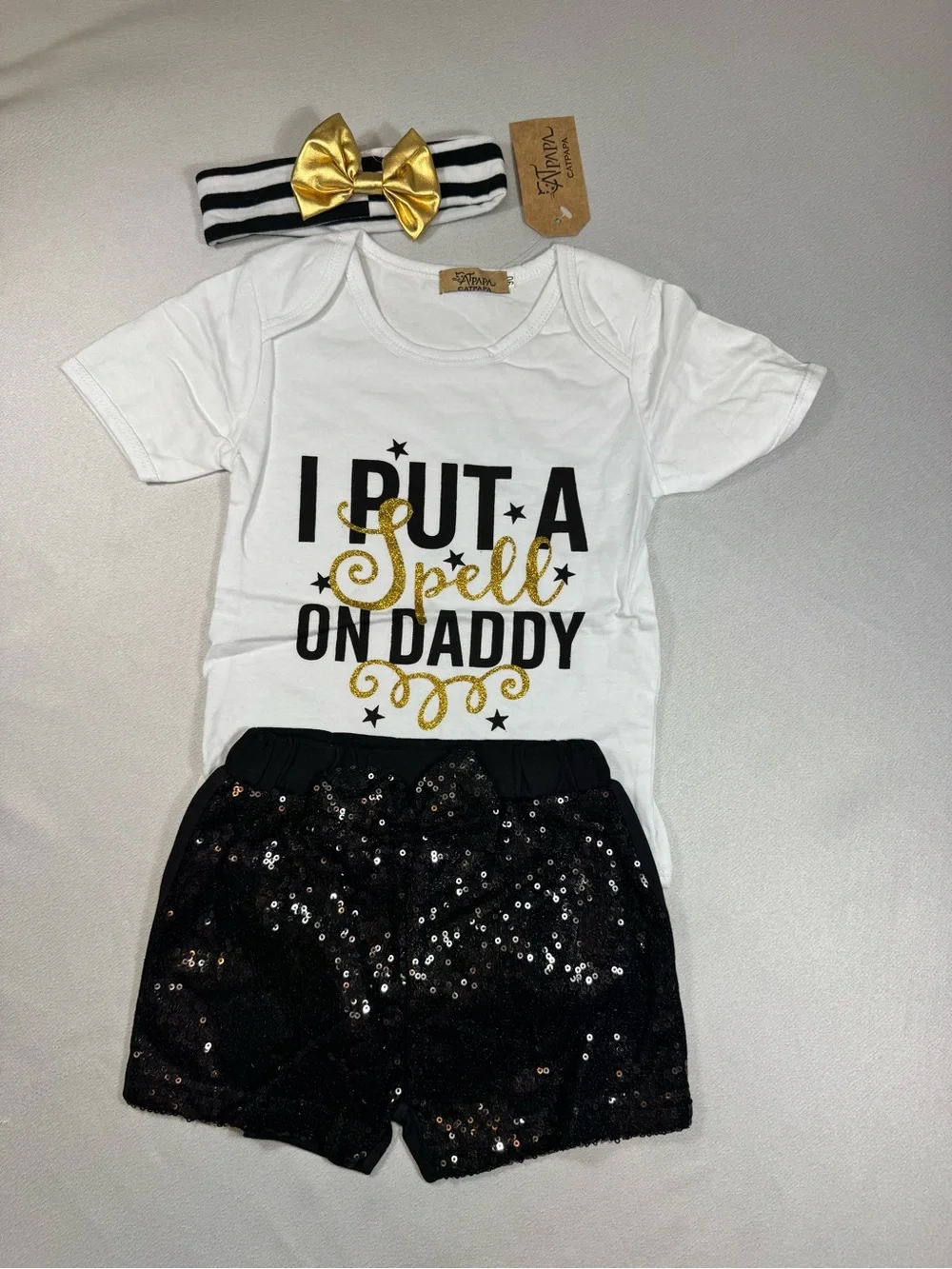 I Put a Spell On Daddy Baby Outfit - White, Black & Gold 6 months